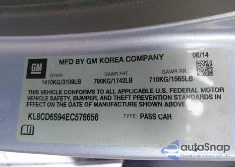 2014 Chevrolet Spark 1Lt Auto из США, поврежденный, VIN KL8CD6S94EC576656